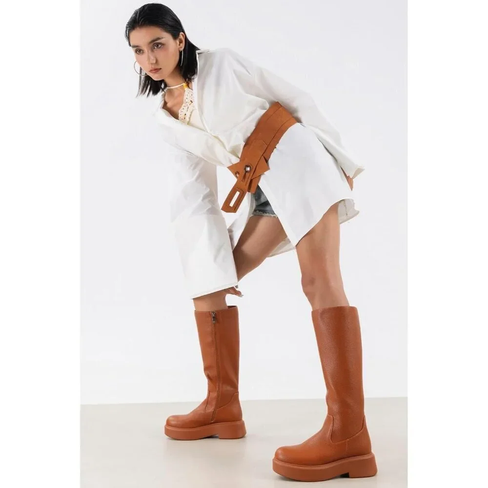 Women's Brown Knee Leather Platform Chelsea Boots Front Zip Chunky Combat Bootie